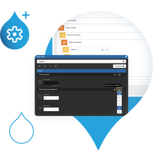 blue acquia droplet with product screenshots coming out of it